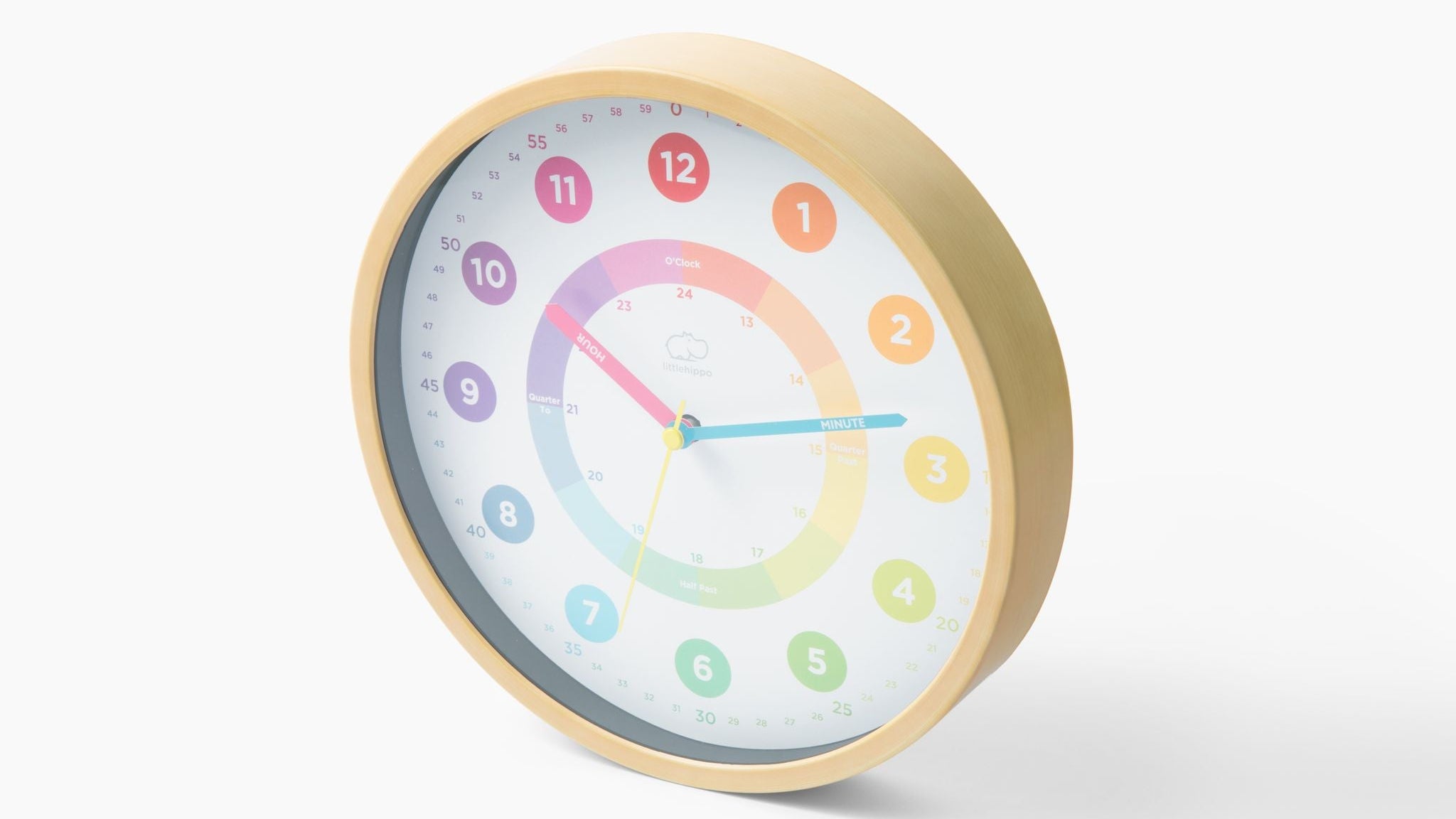 Colorful clock with a wooden frame on a white background